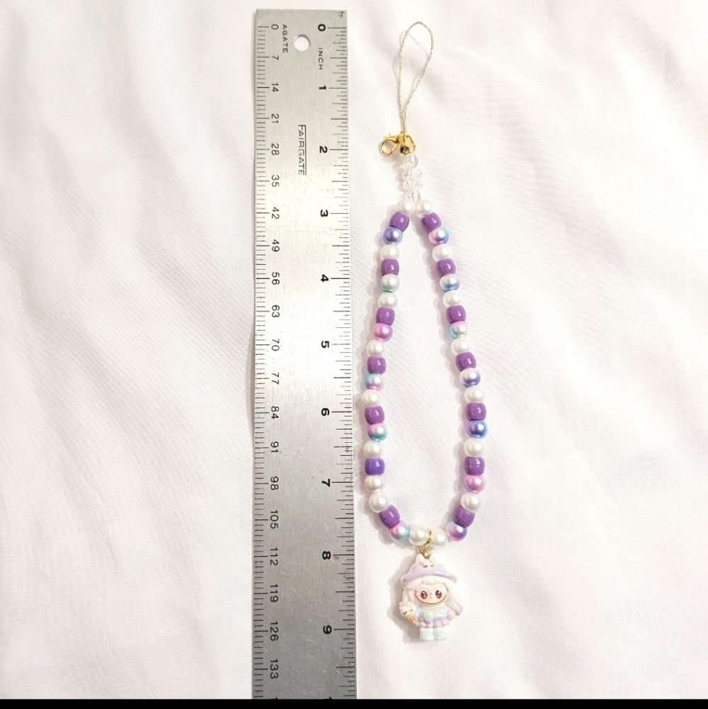 Cute Pastel Purple Girly Dainty Elegant Beaded Labubu Phone Charm or Wrist Strap - Picture 3 of 8